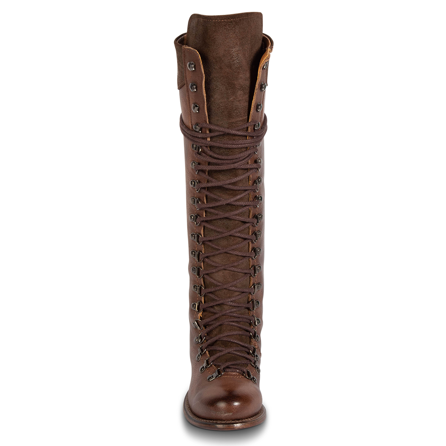 Front view showing lace up front shaft and eyelet lacing on FREEBIRD women's Raphael brown boot
