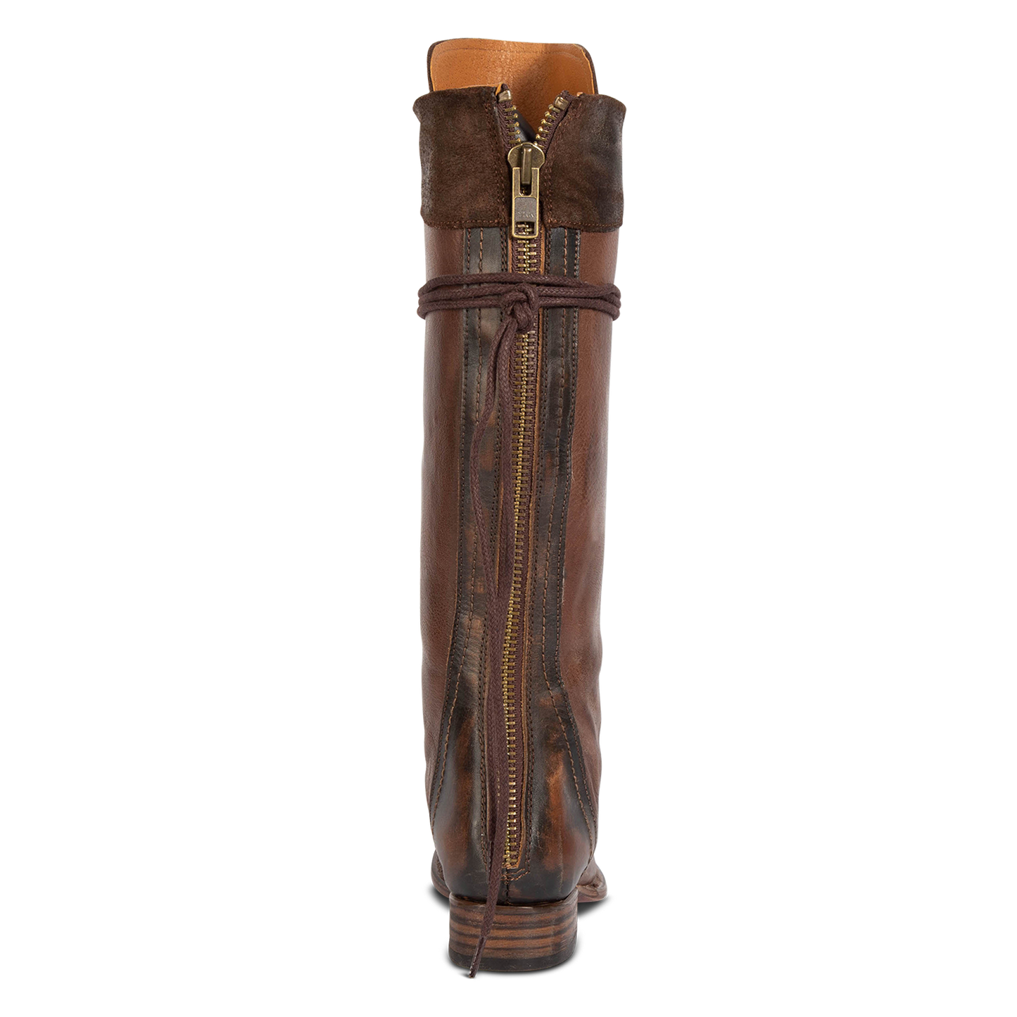 Back view showing back full zip closure on FREEBIRD women's Raphael brown boot