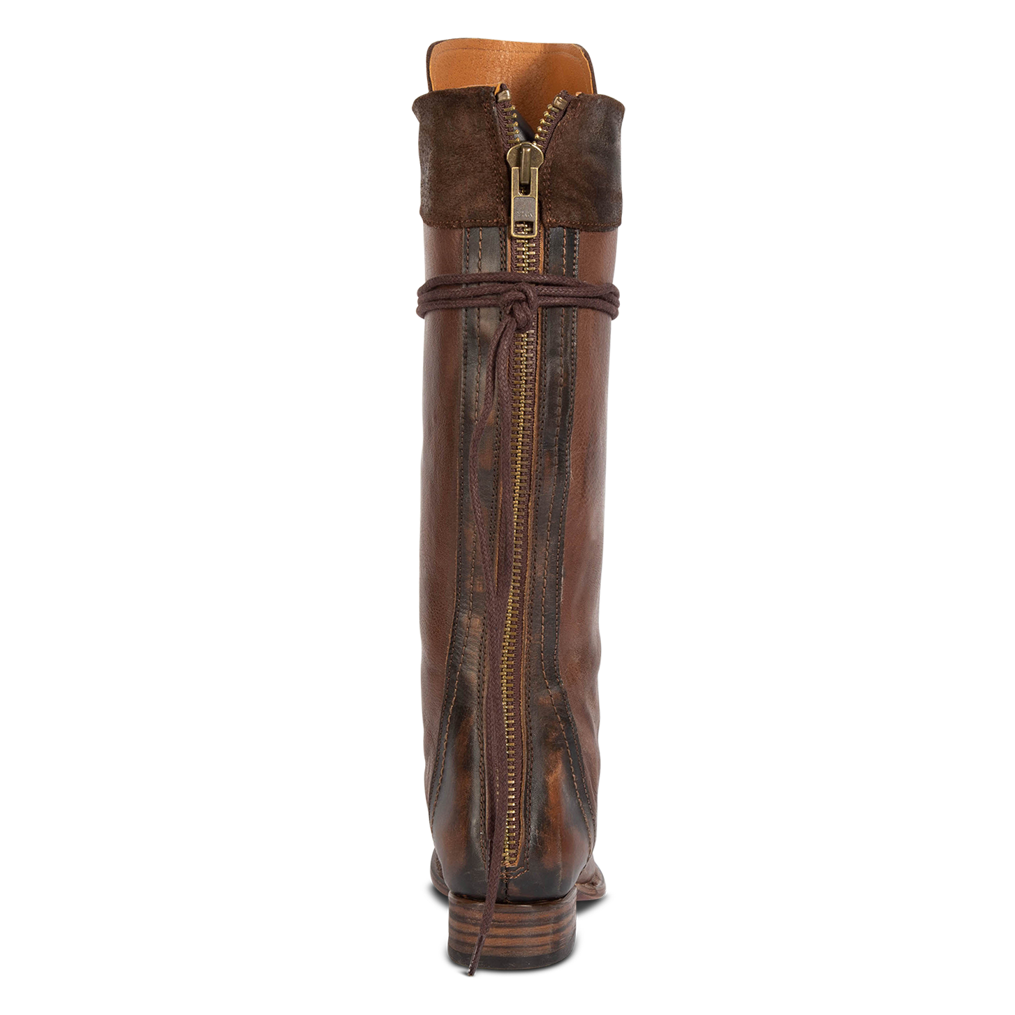 Back view showing back full zip closure on FREEBIRD women's Raphael brown boot