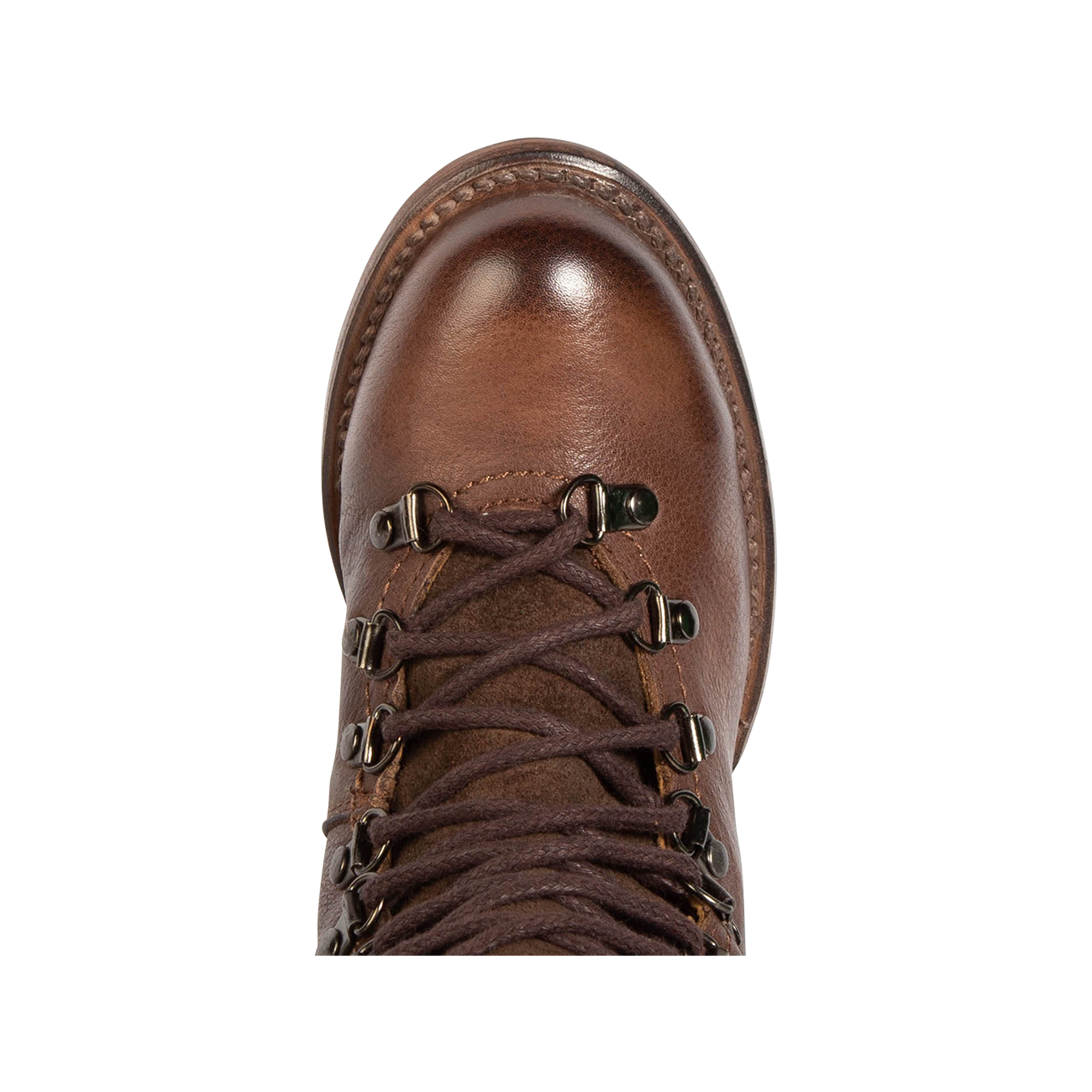 Top view showing lace up detailing and metal hardware on FREEBIRD women's Raphael brown boot