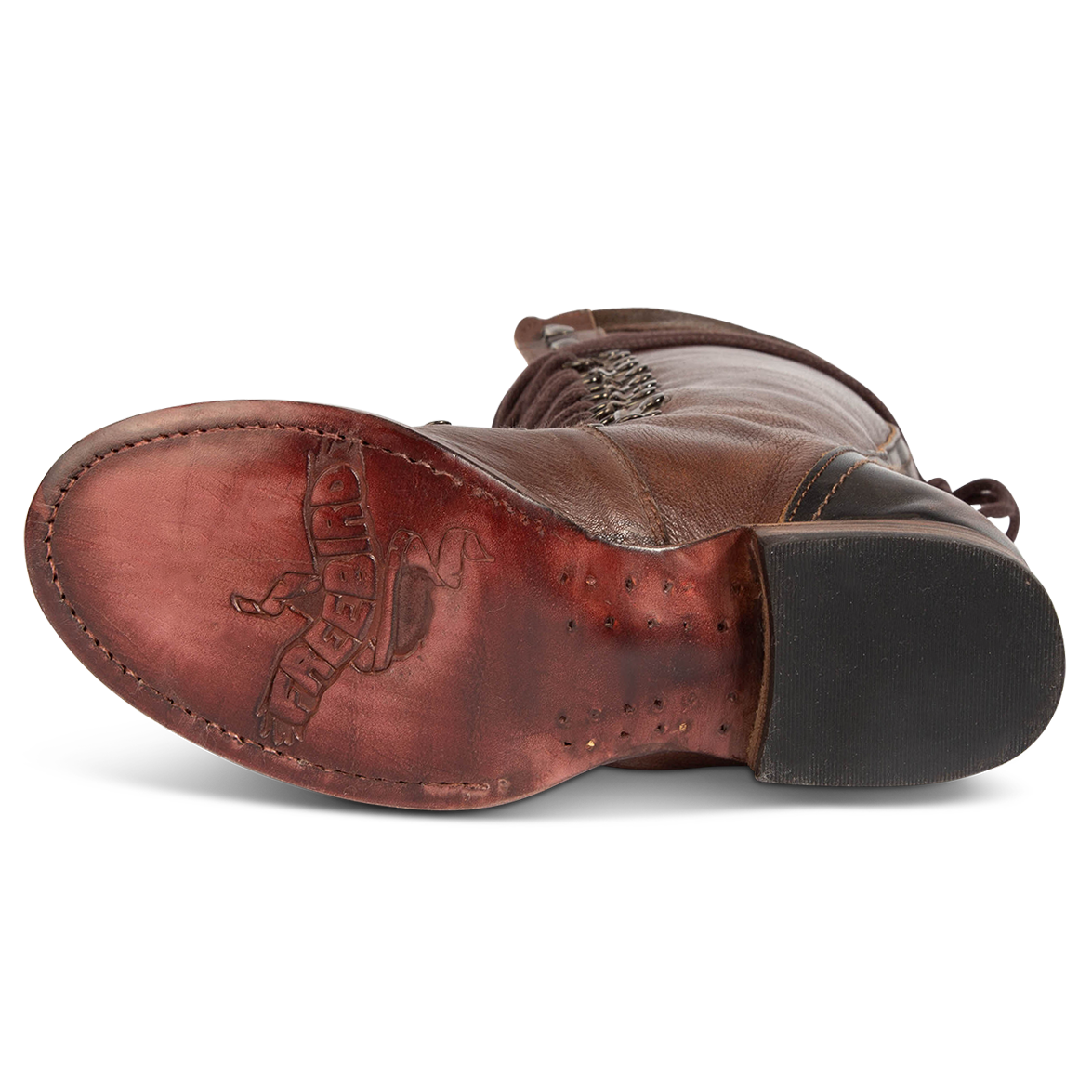 Leather sole imprinted with FREEBIRD on women's Raphael brown boot