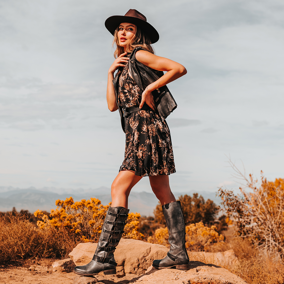 FREEBIRD women's Remy black leather boot with tall shaft and accent buckles lifestyle
