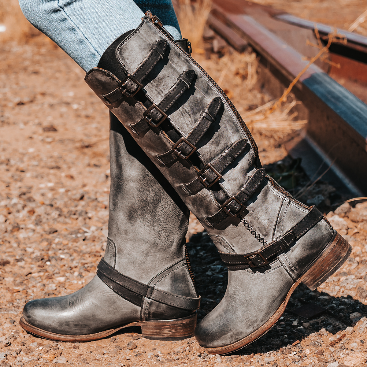 FREEBIRD women's Remy black leather boot with tall shaft and accent buckles