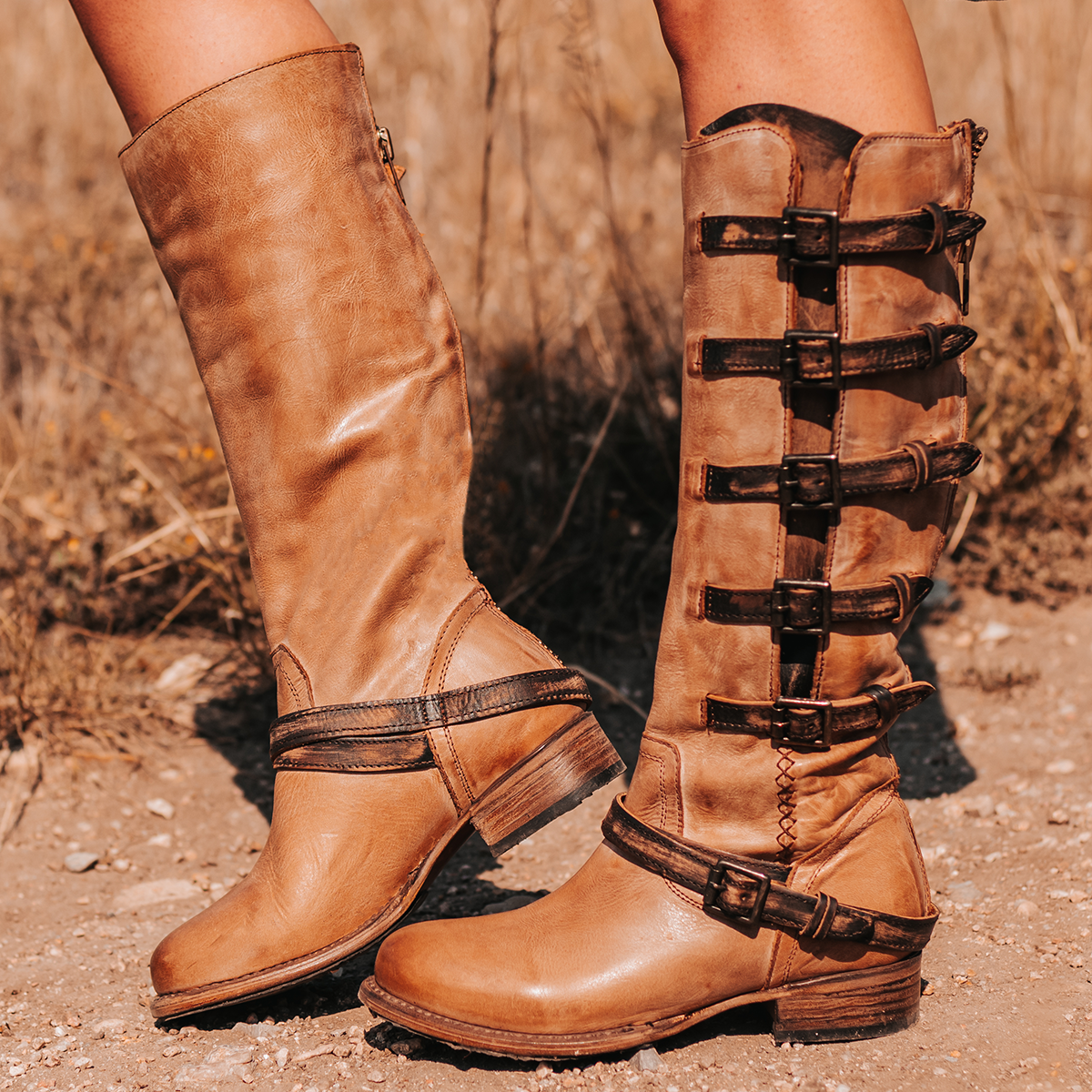 FREEBIRD women's Remy taupe multi leather boot with tall shaft and accent buckles