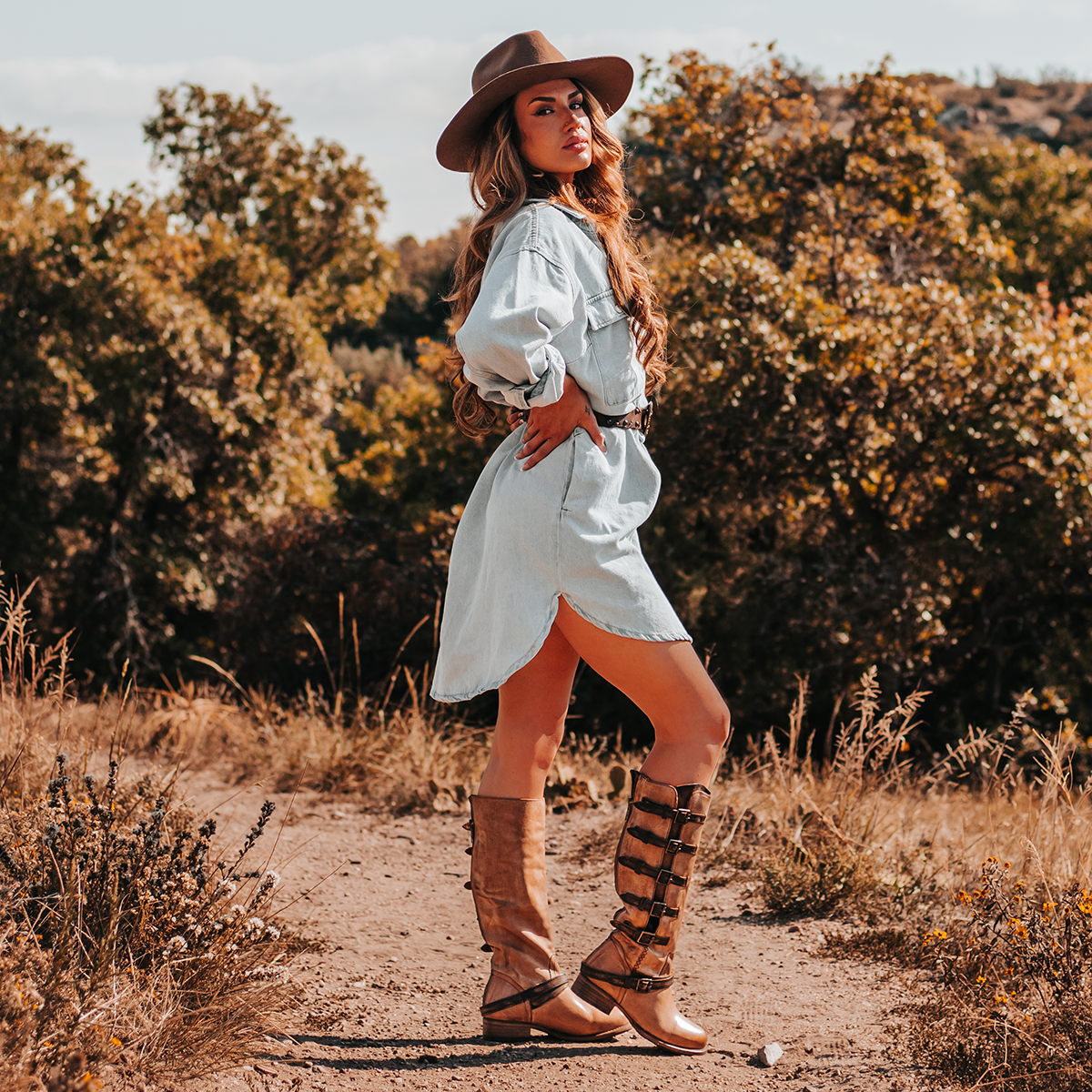 FREEBIRD women's Remy taupe multi leather boot with tall shaft and accent buckles lifestyle