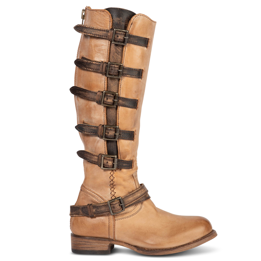 FREEBIRD women's Remy taupe multi leather boot with tall shaft and accent buckles