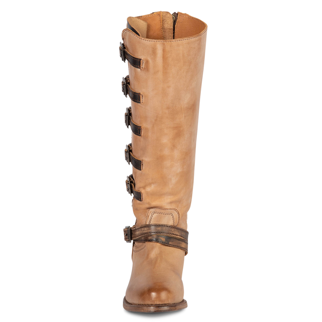 Front view showing tall shaft and ankle strap on FREEBIRD women's Remy taupe multi tall leather boot