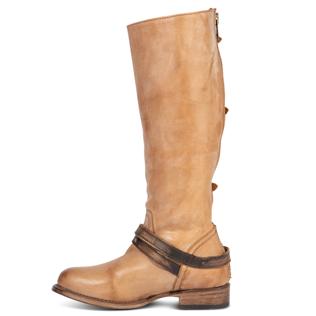Inside view showing ankle strap and wooden heel on FREEBIRD women's Remy taupe multi tall boot