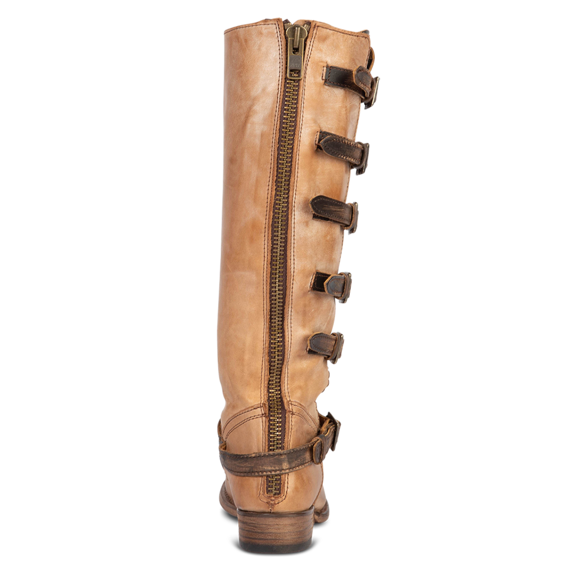 Back view accent buckle straps and stud detailing on FREEBIRD women's Remy taupe multi tall boot