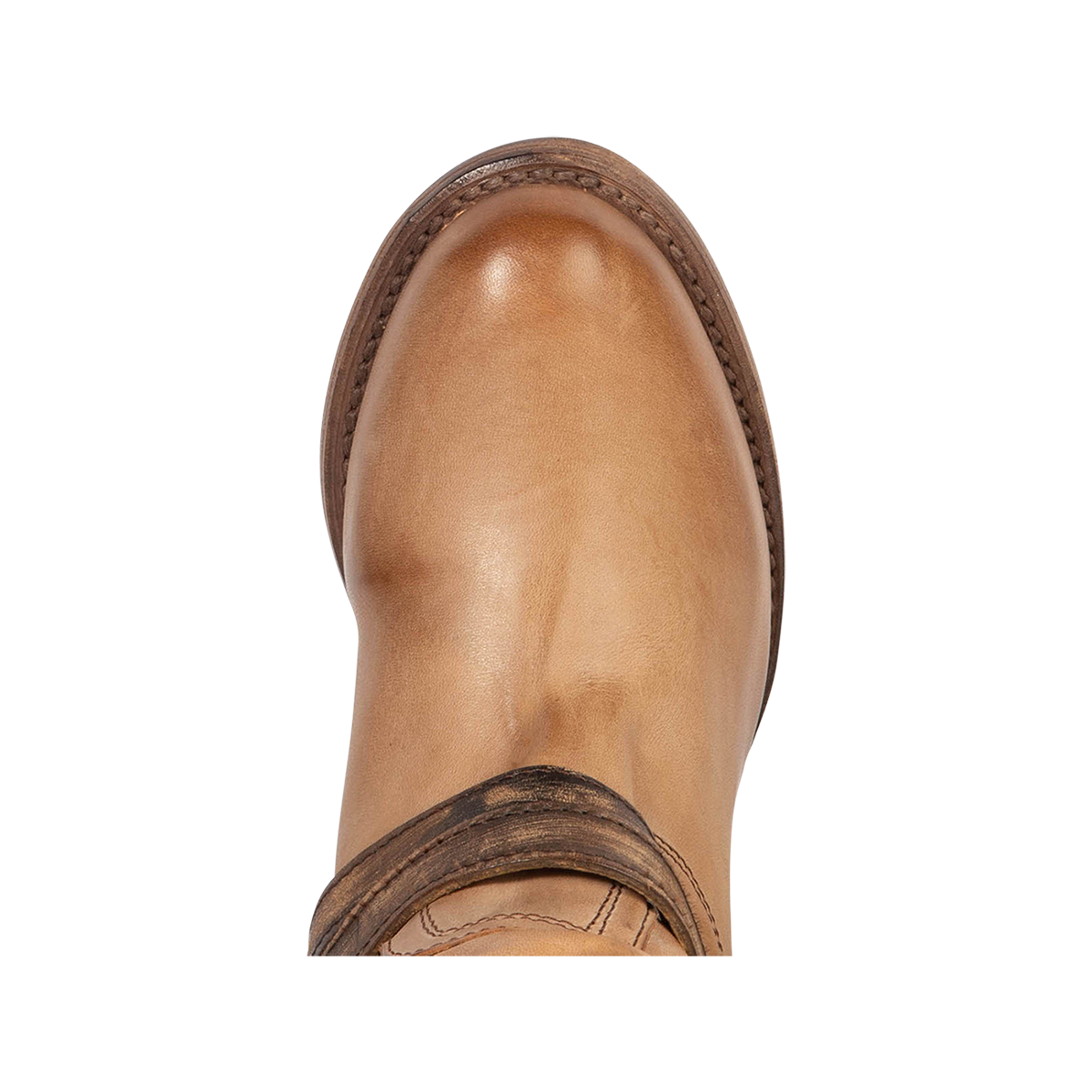 Top view showing round toe on FREEBIRD women's Remy taupe multi tall boot