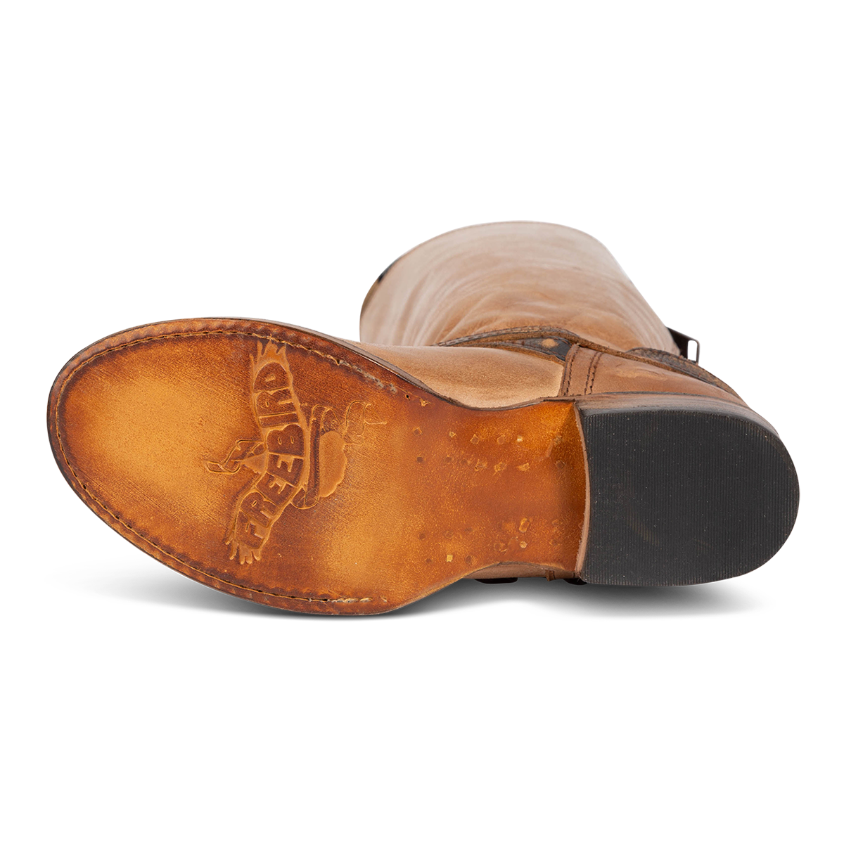 Leather sole imprinted with FREEBIRD on Remy taupe multi tall boot