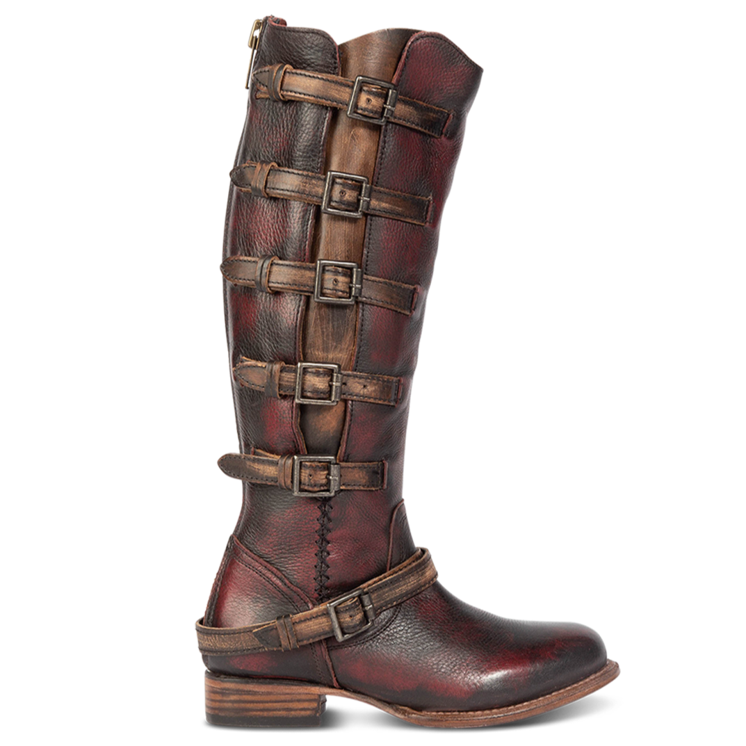  FREEBIRD women's Remy wine leather boot with tall shaft and accent buckles