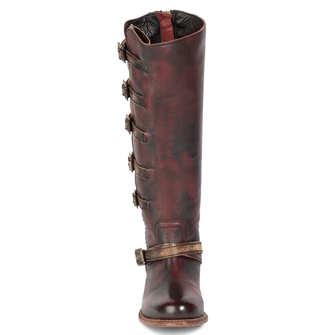 Front view showing tall shaft and ankle strap on FREEBIRD women's Remy wine tall leather boot
