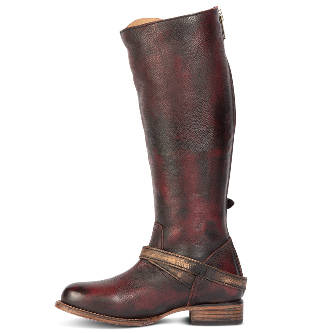 Inside view showing ankle strap and wooden heel on FREEBIRD women's Remy wine tall boot