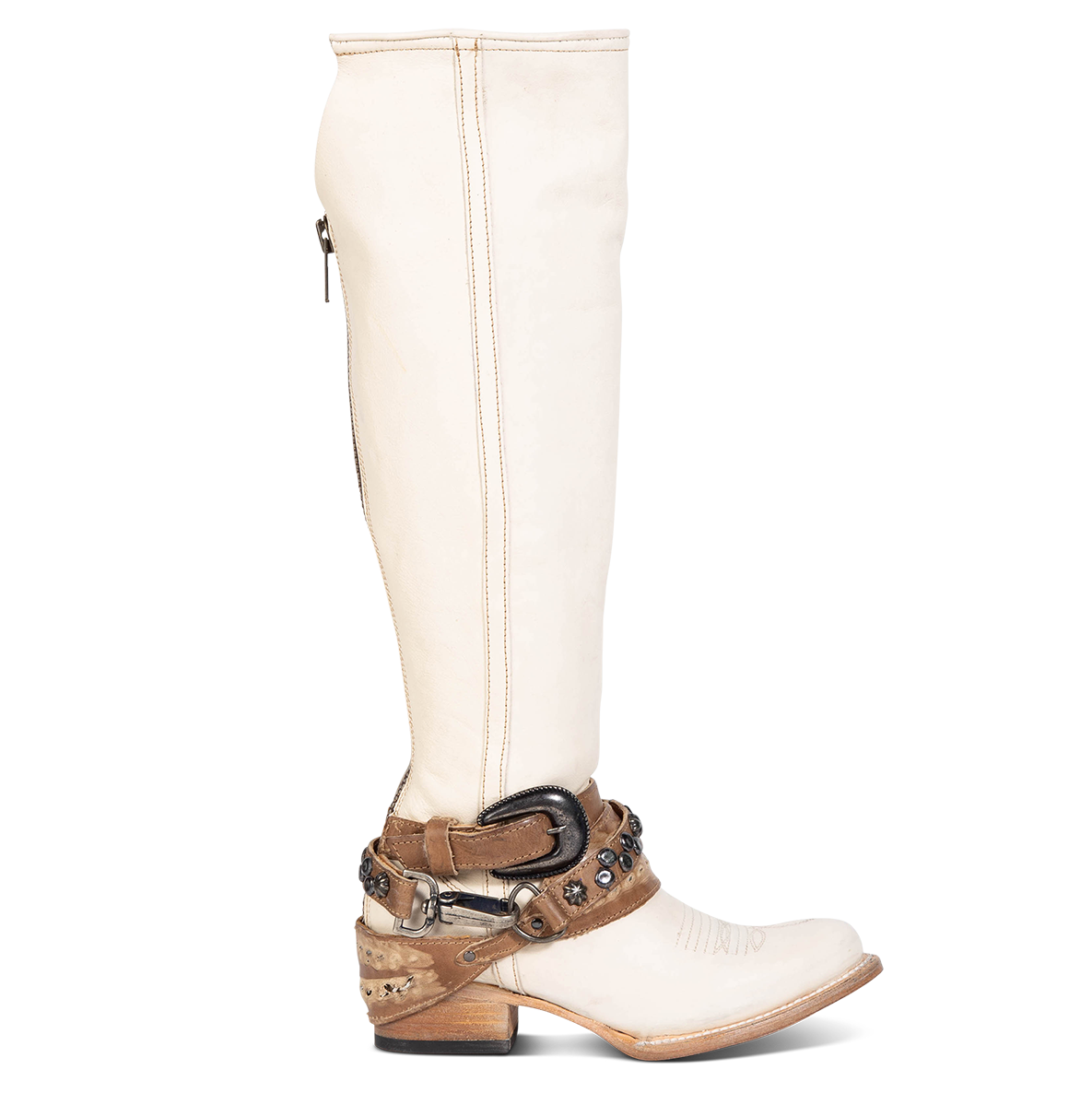 FREEBIRD women's Rodondo beige boot featuring a a relaxed silhouette, low heel, and mixed metal buckles