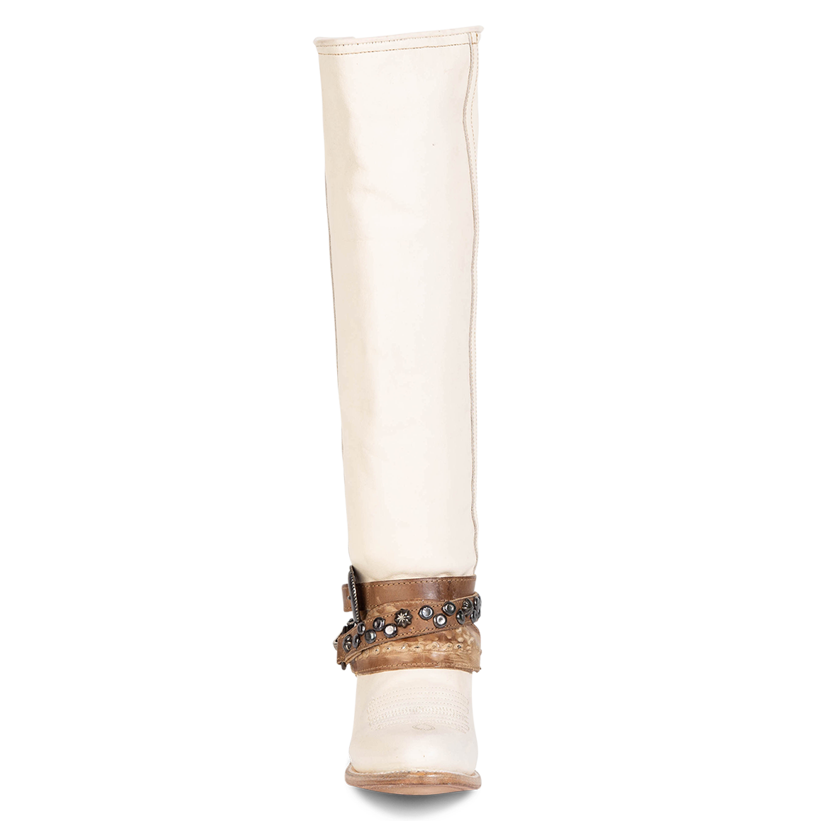 Front view showing relaxed shaft, mixed metal buckles, and stud detailing on FREEBIRD women's Rodondo beige boot