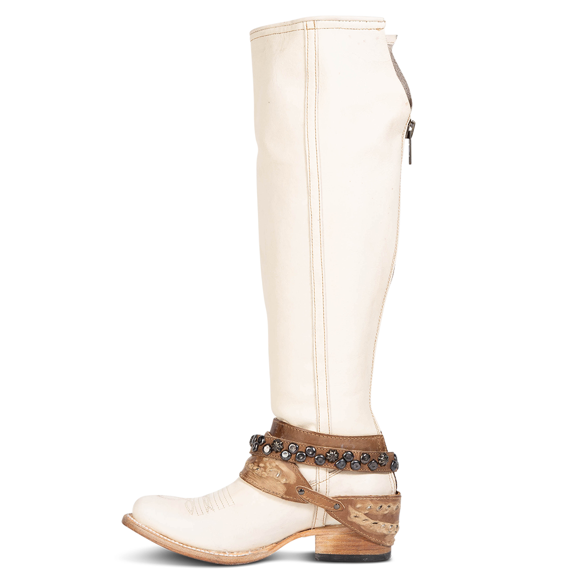 Inside view showing relaxed shaft, mixed metal buckles, and stud detailing on FREEBIRD women's Rodondo beige boot