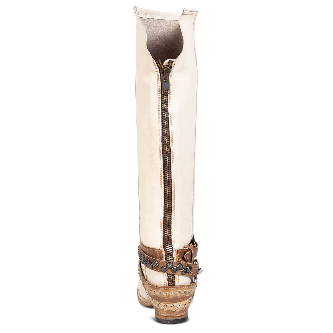 Back view showing brass zip closure and v-shaped back cutout on FREEBIRD women's Rodondo beige boot
