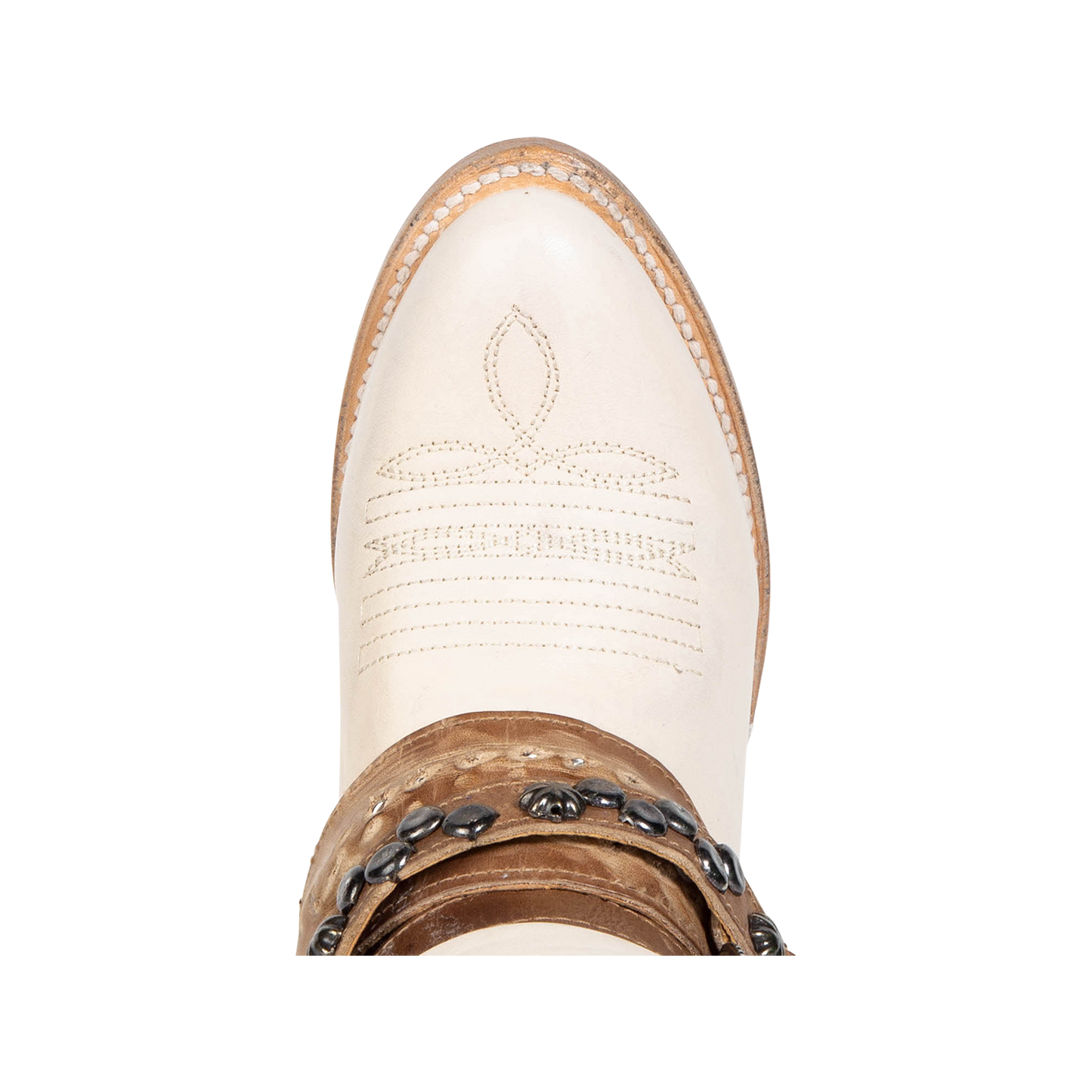 Top view showing round toe and stitch detailing on FREEBIRD women's Rodondo beige boot