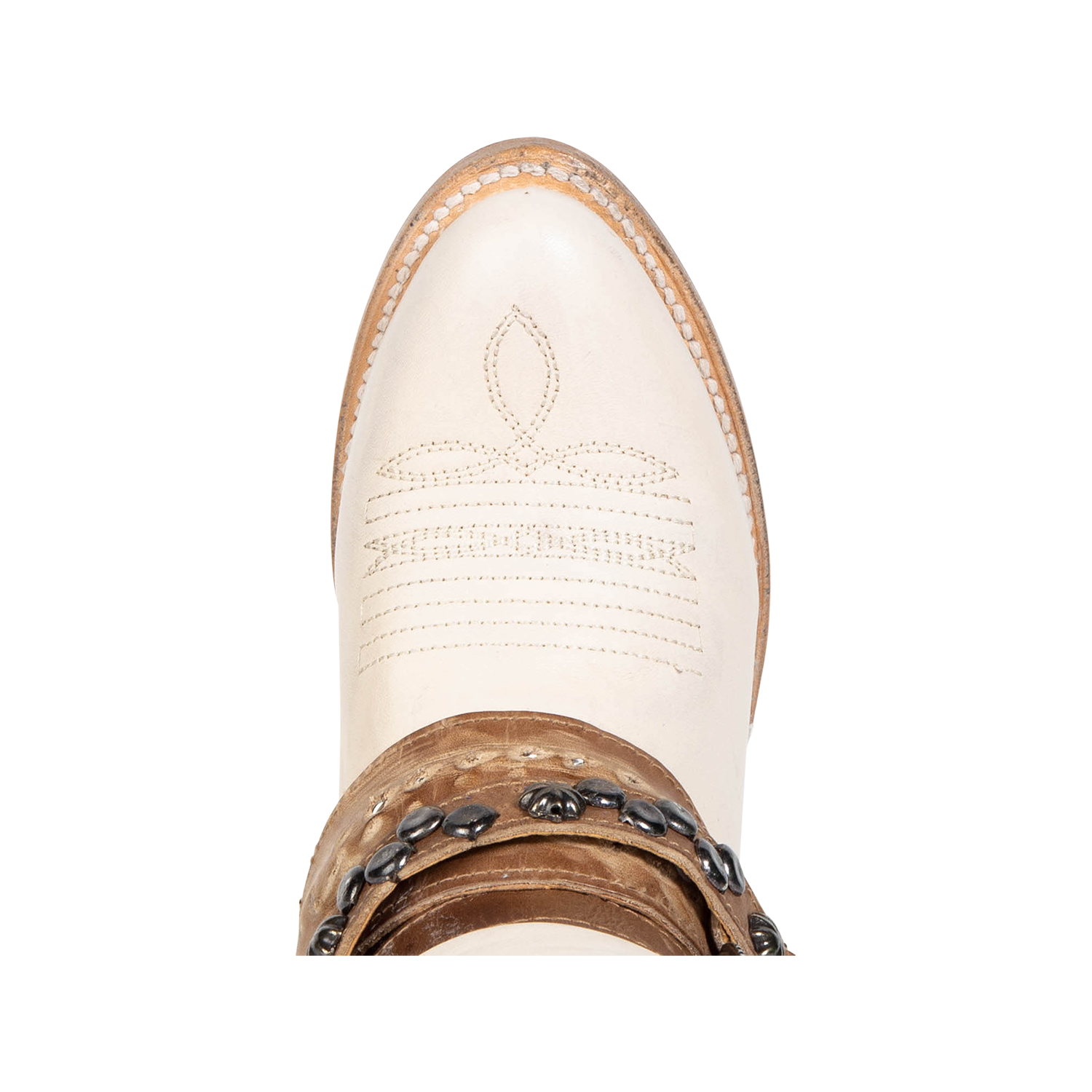 Top view showing round toe and stitch detailing on FREEBIRD women's Rodondo beige boot