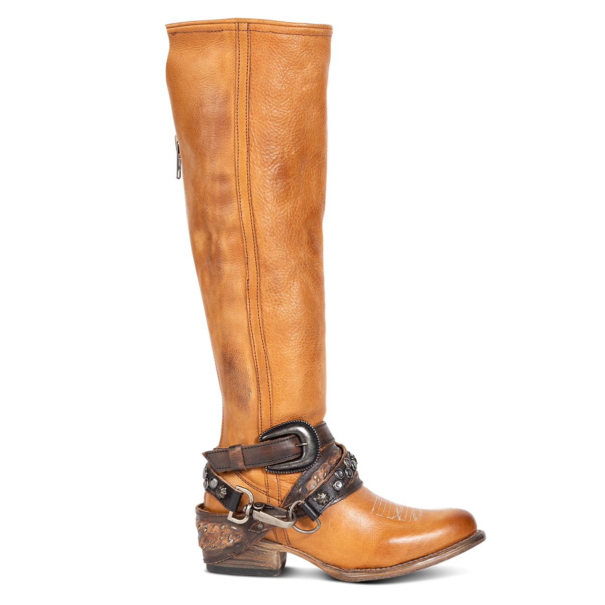 FREEBIRD women's Rodondo wheat boot featuring a a relaxed silhouette, low heel, and mixed metal buckles