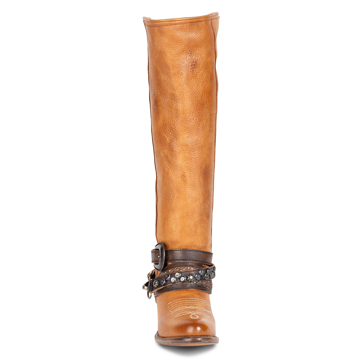 Front view showing relaxed shaft, mixed metal buckles, and stud detailing on FREEBIRD women's Rodondo wheat boot