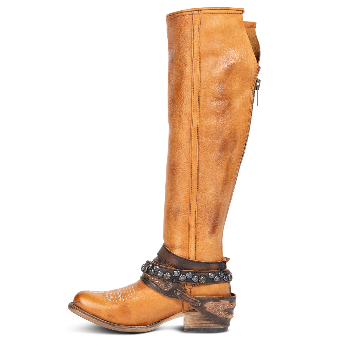 Inside view showing relaxed shaft, mixed metal buckles, and stud detailing on FREEBIRD women's Rodondo wheat boot