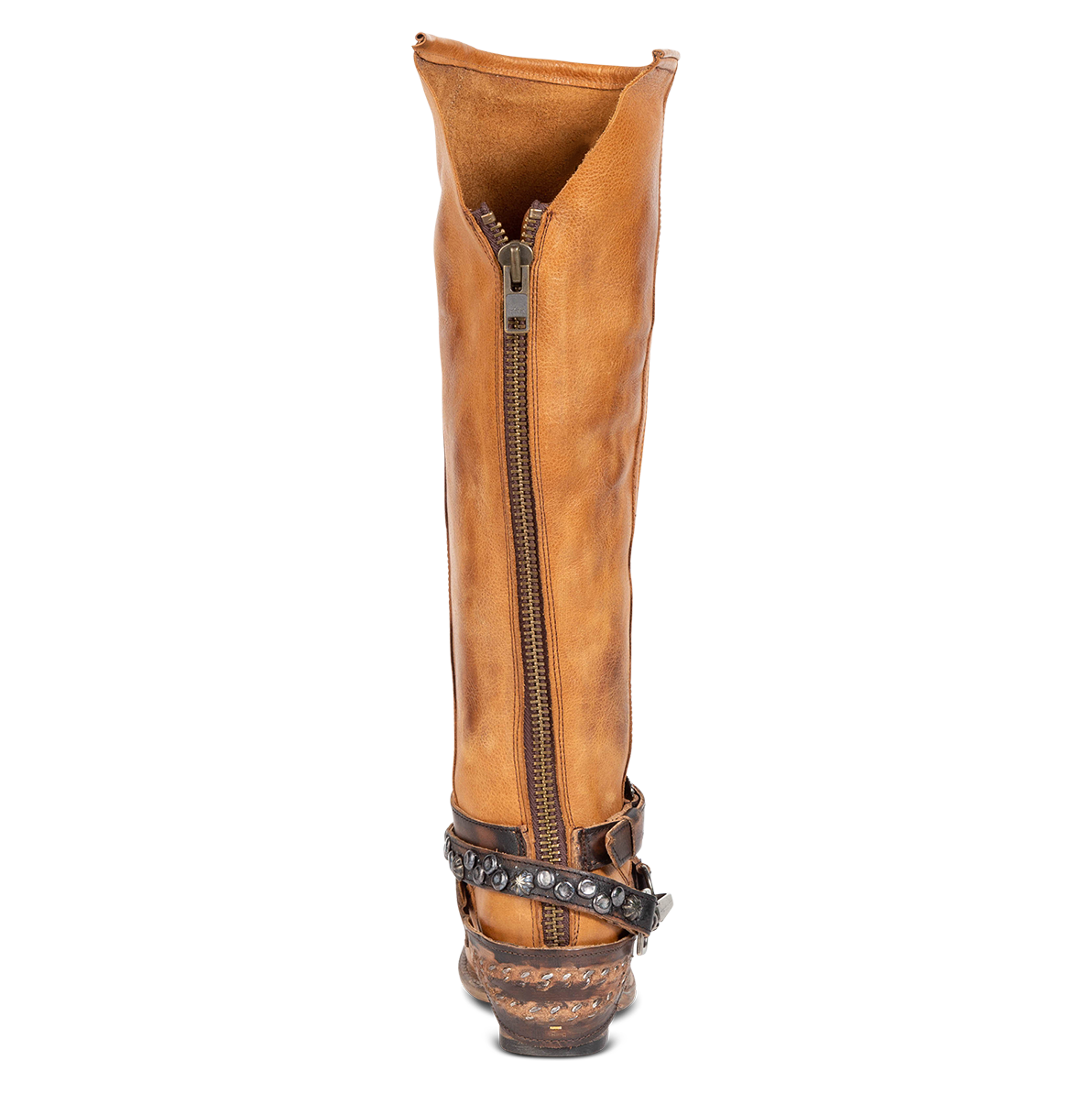 Back view showing brass zip closure and v-shaped back cutout on FREEBIRD women's Rodondo wheat boot