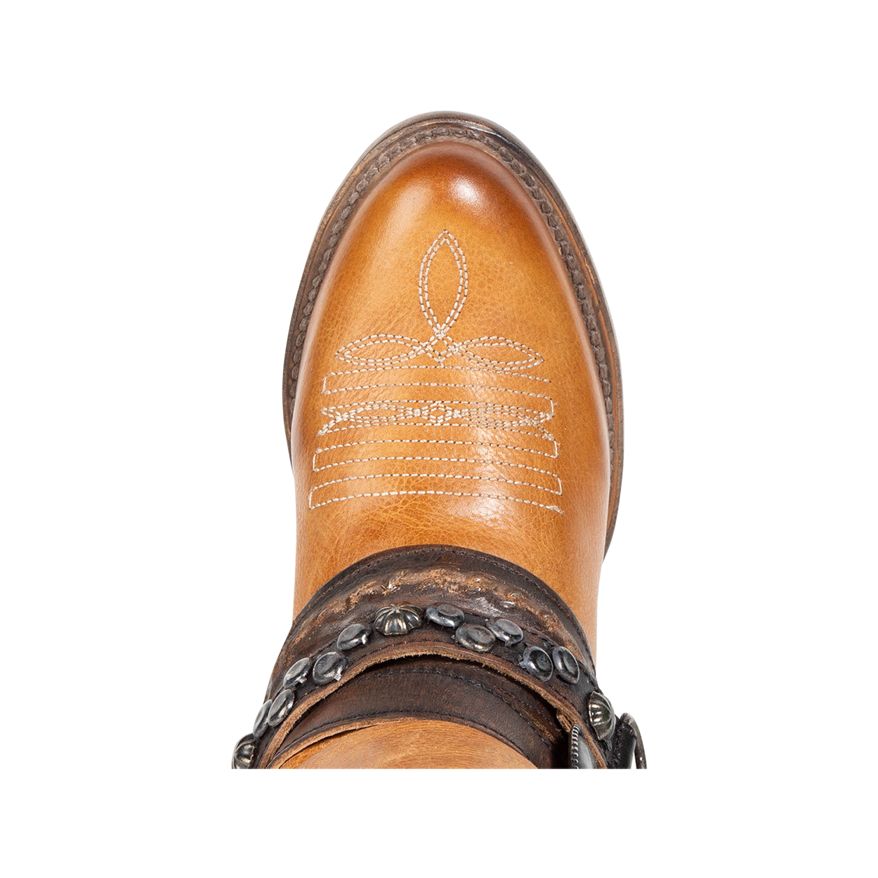 Top view showing round toe and stitch detailing on FREEBIRD women's Rodondo wheat boot