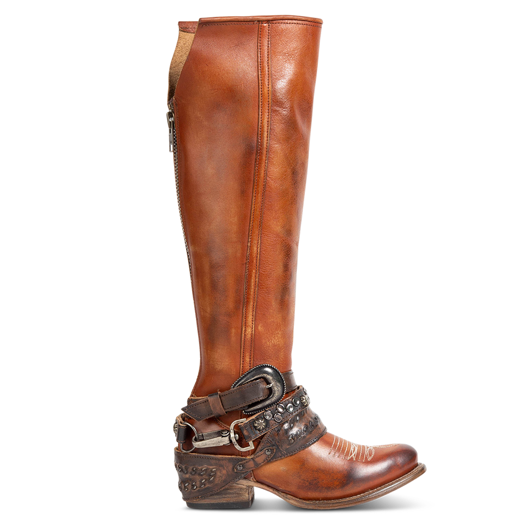 FREEBIRD women's Rodondo whiskey boot featuring a a relaxed silhouette, low heel, and mixed metal buckles