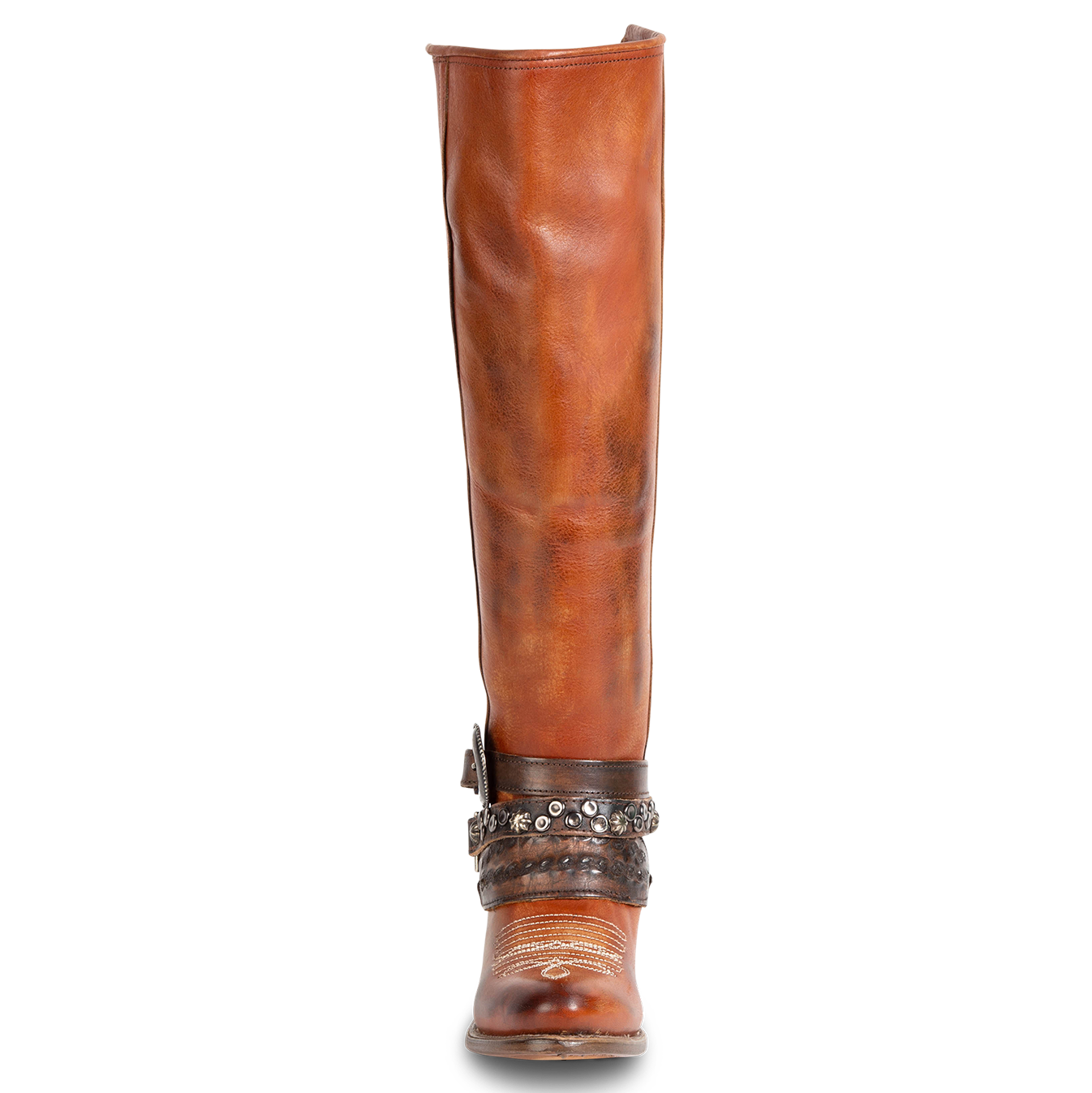 Front view showing relaxed shaft, mixed metal buckles, and stud detailing on FREEBIRD women's Rodondo whiskey boot