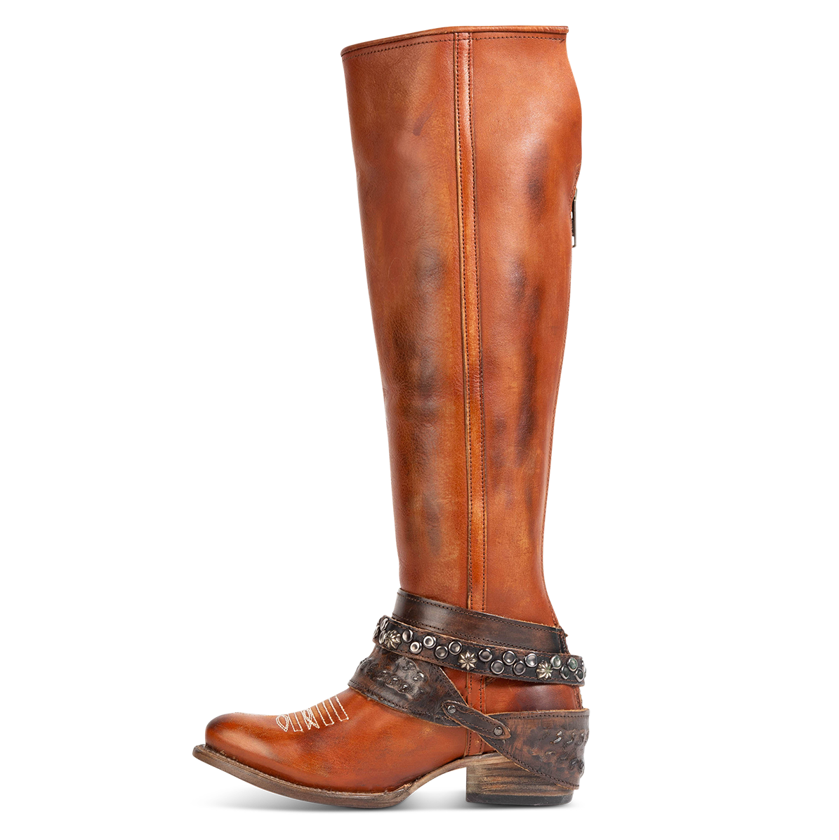 Inside view showing relaxed shaft, mixed metal buckles, and stud detailing on FREEBIRD women's Rodondo whiskey boot