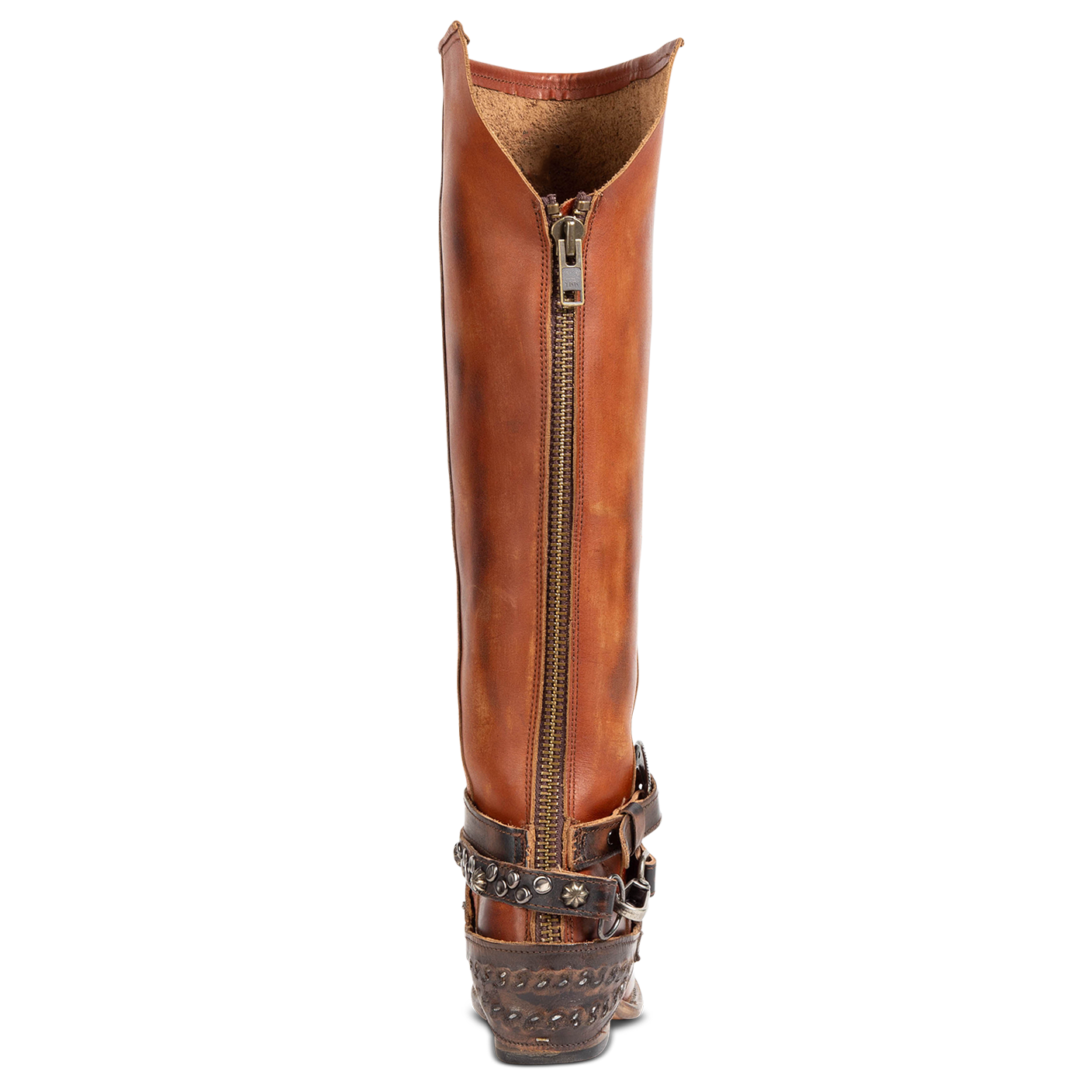 Back view showing brass zip closure and v-shaped back cutout on FREEBIRD women's Rodondo whiskey boot
