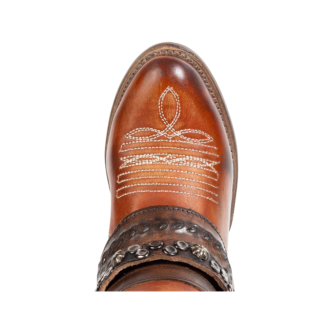 Top view showing round toe and stitch detailing on FREEBIRD women's Rodondo whiskey boot