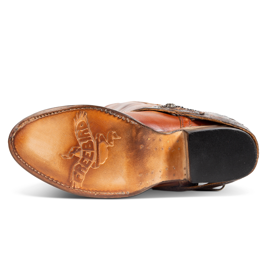 Leather sole imprinted with FREEBIRD on women's Rodondo whiskey boot