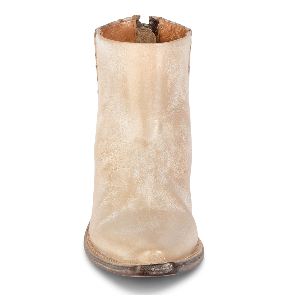 Front view showing pointed almond toe on FREEBIRD women's Rule beige multi leather bootie