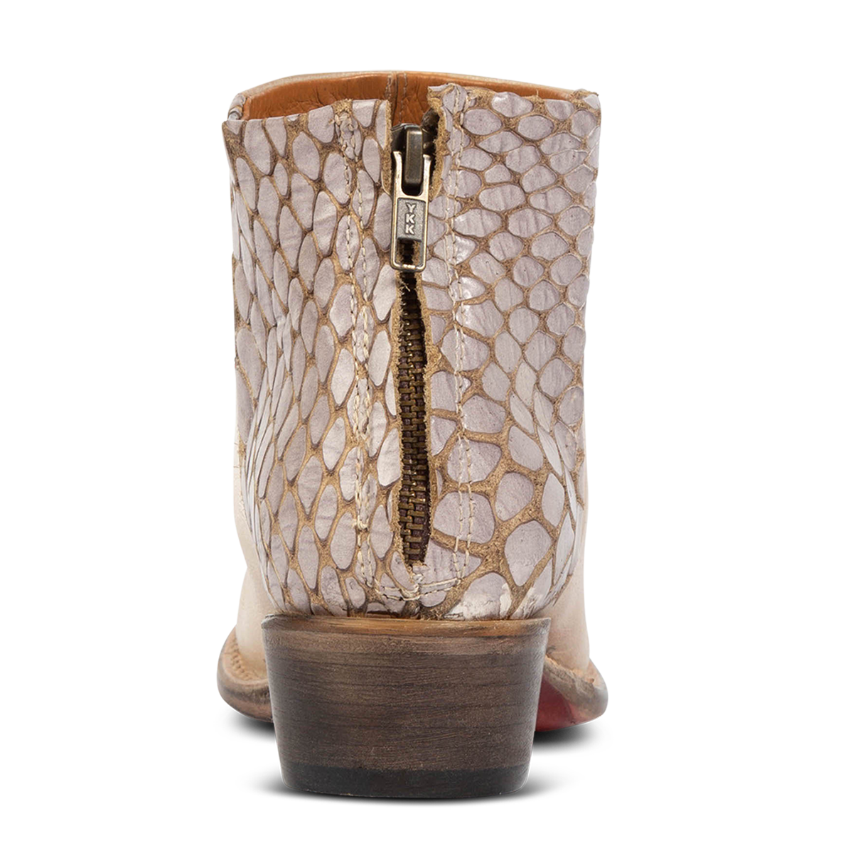 Back view showing wooden heel and zip closure on FREEBIRD women's Rule beige multi leather bootie
