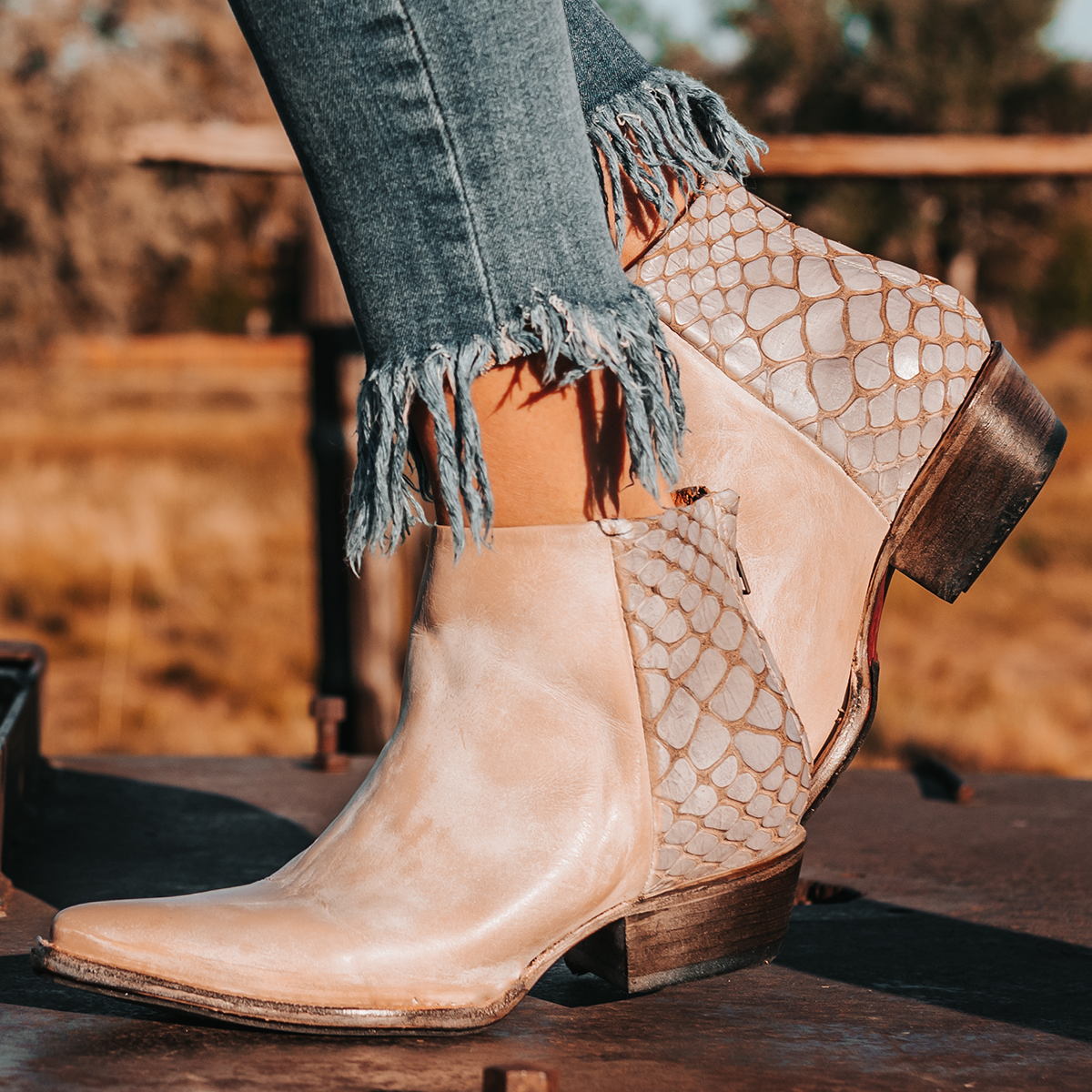 FREEBIRD women's Rule beige multi full grain leather bootie with back zip closure and wooden heel