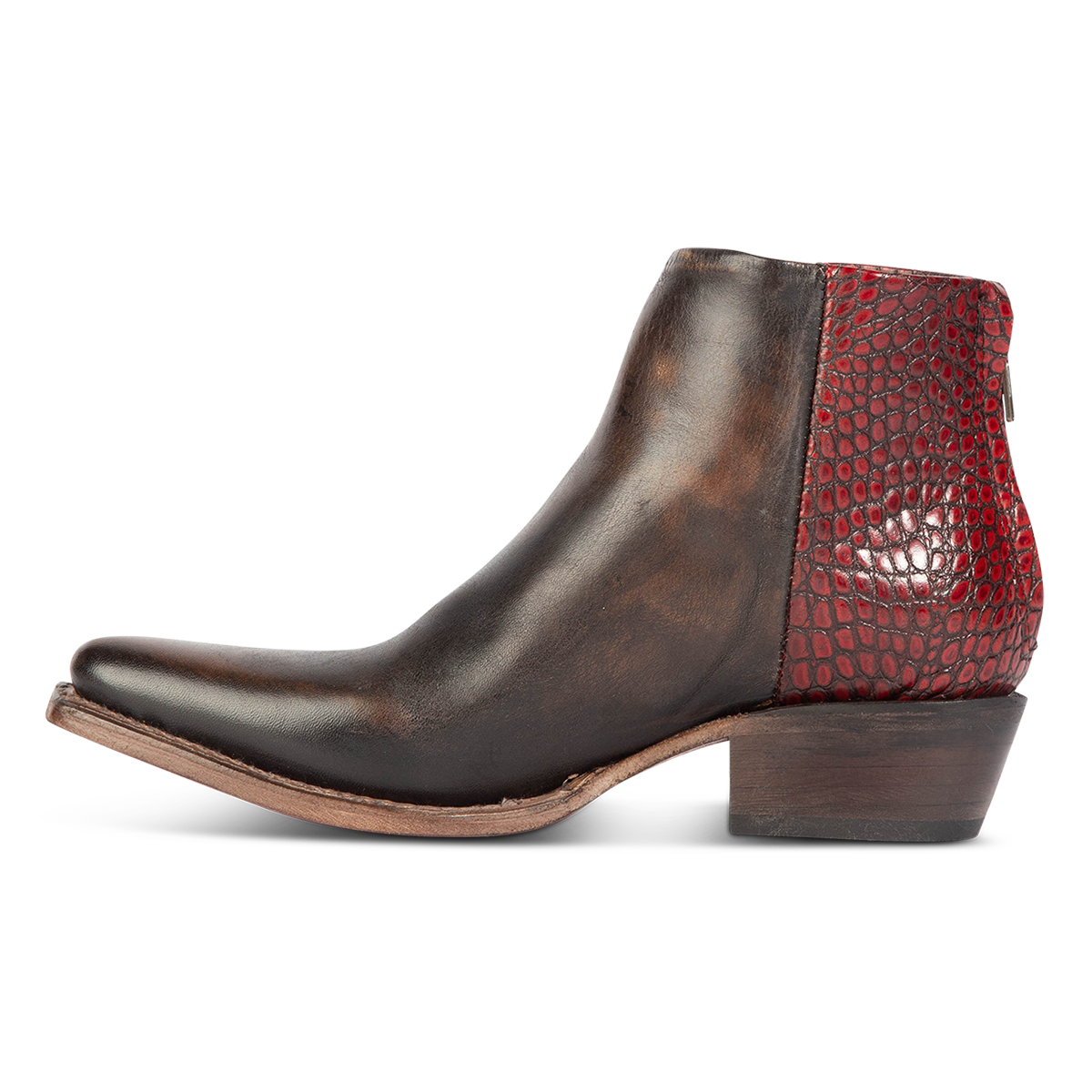 Inside view showing contrasting leather and wooden heel on FREEBIRD women's Rule red croco multi leather bootie