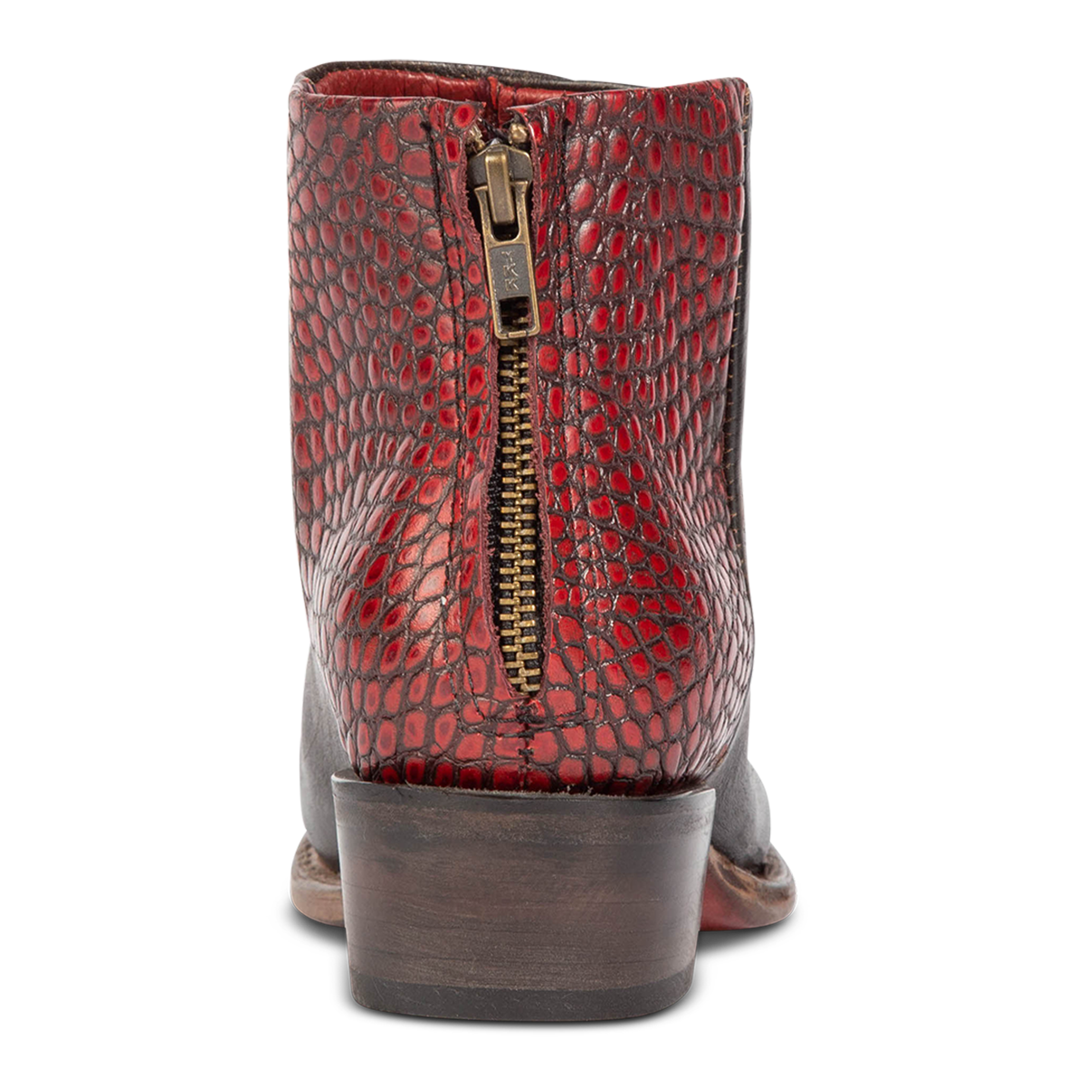 Back view showing wooden heel and zip closure on FREEBIRD women's Rule red croco multi leather bootie