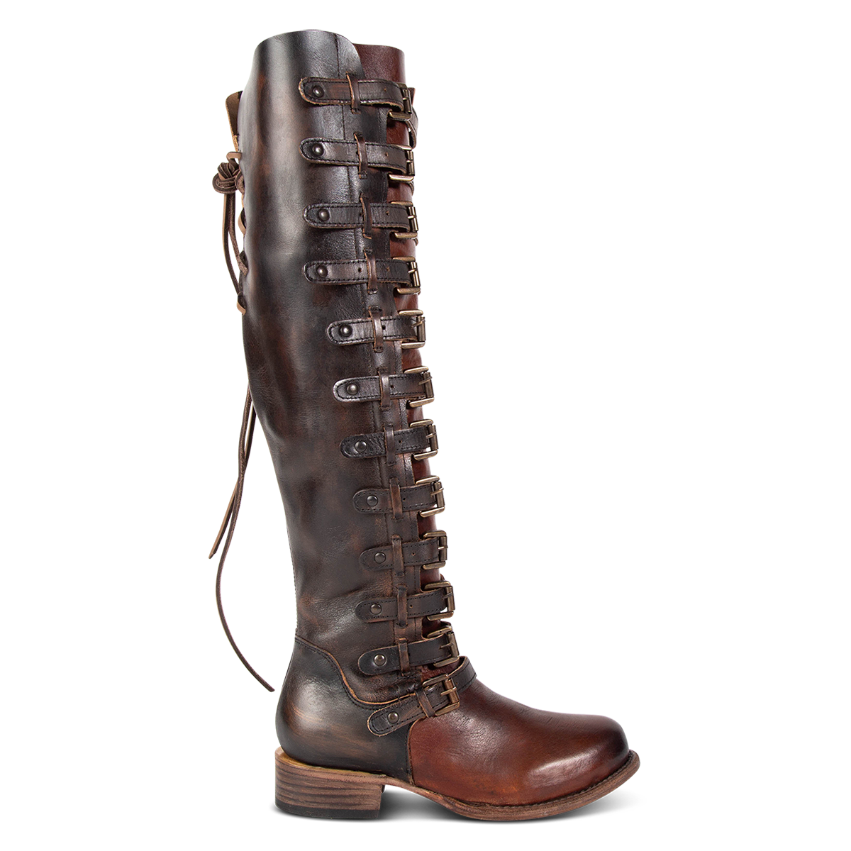 FREEBIRD women's Rylan cognac multi tall boot with inside zip closure back lacing and shaft with brass buckles