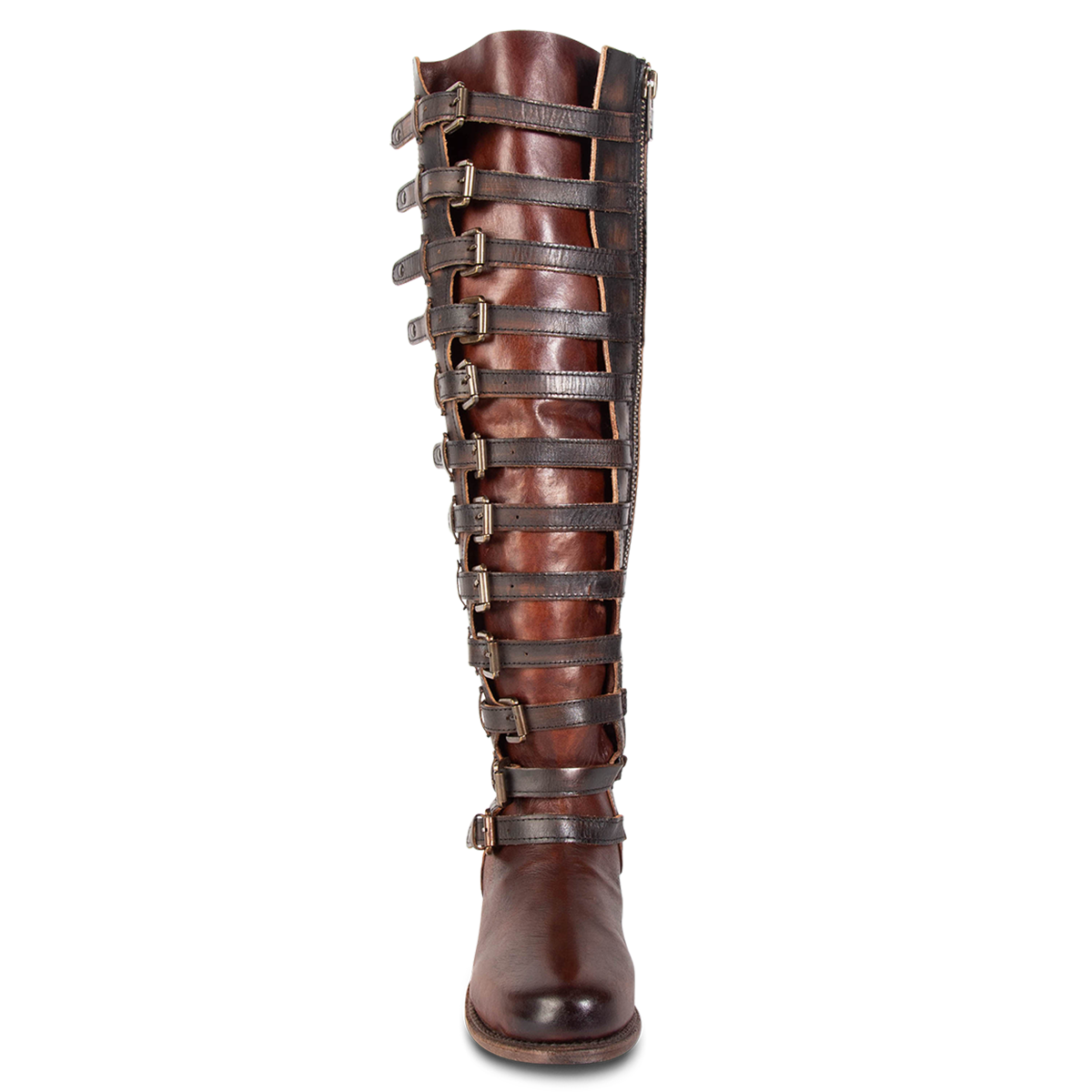Front view showing tall shaft construction with adjustable brass buckles and two-toned leather detailing on FREEBIRD women's Rylan cognac multi boot