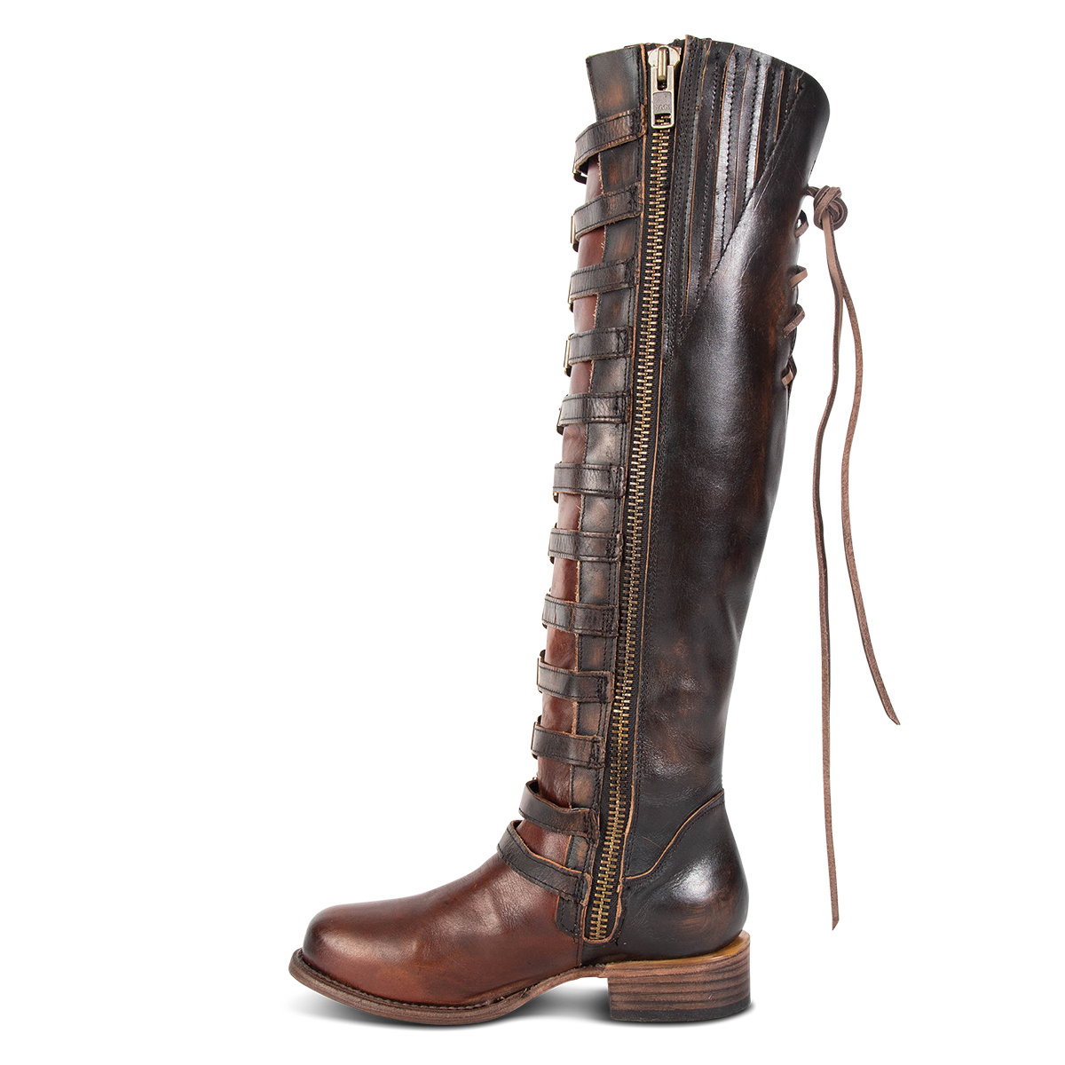 Inside view showing working brass zip closure and low heel on FREEBIRD women's Rylan cognac multi boot