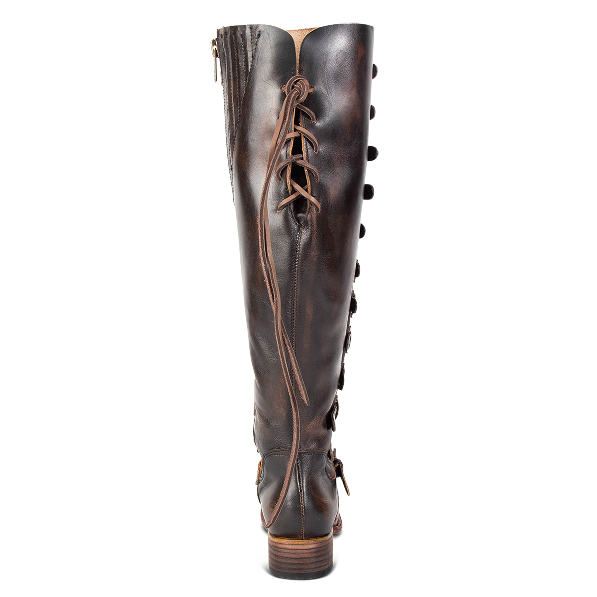 Back view showing top shaft dip with adjustable leather lacing on FREEBIRD women's Rylan cognac multi boot