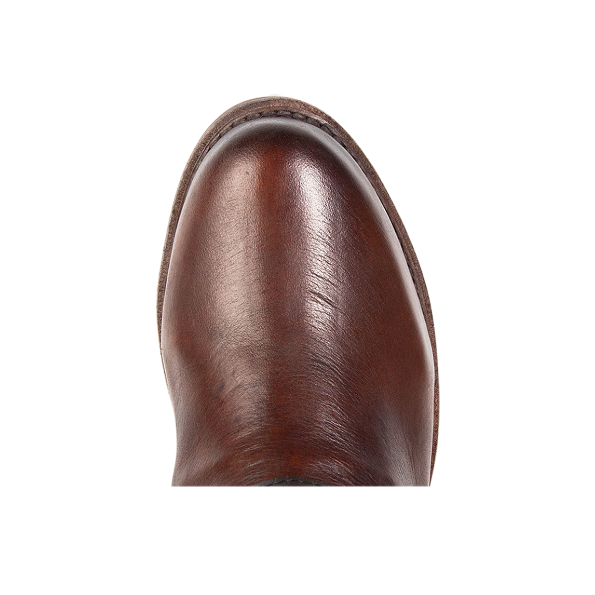 Top view showing round toe construction on FREEBIRD women's Rylan cognac multi boot
