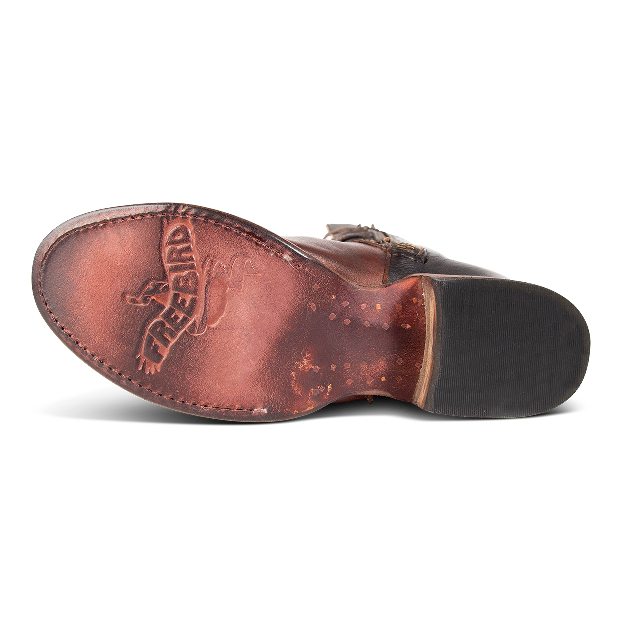 Top view showing round toe construction on FREEBIRD women's Rylan cognac multi boot