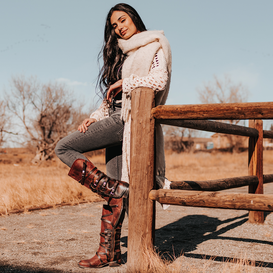 FREEBIRD women's Rylie rust suede contrasting overlay construction boot with silver hardware and inside brass zip closure lifestyle