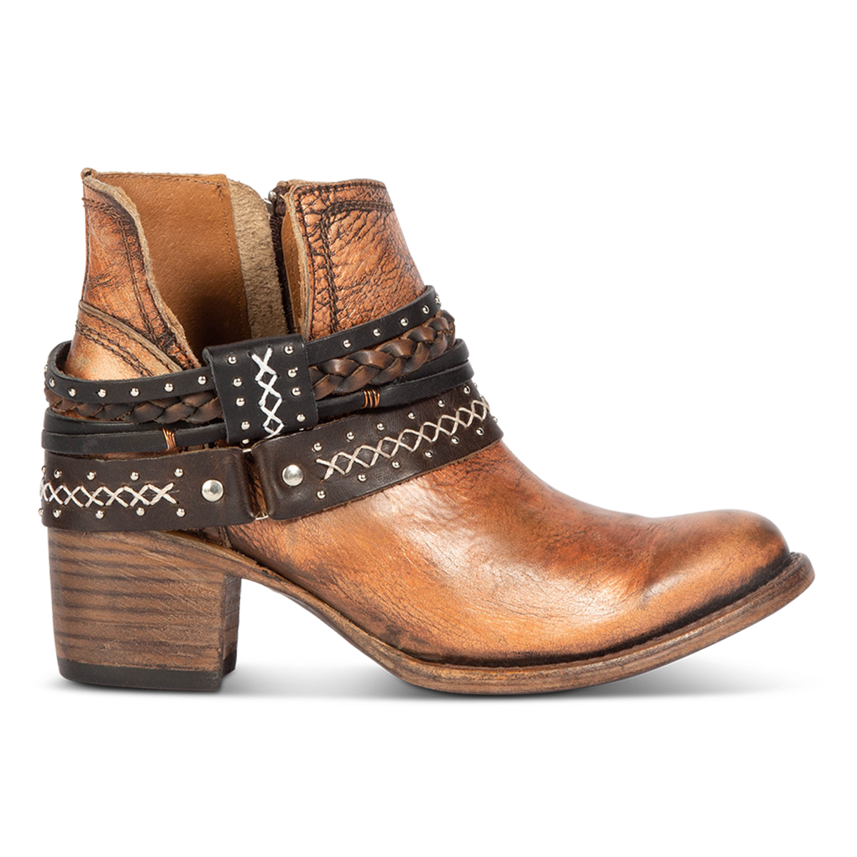 FREEBIRD women’s Sabelle bronze leather side cutout ankle bootie with embellished decorative belts