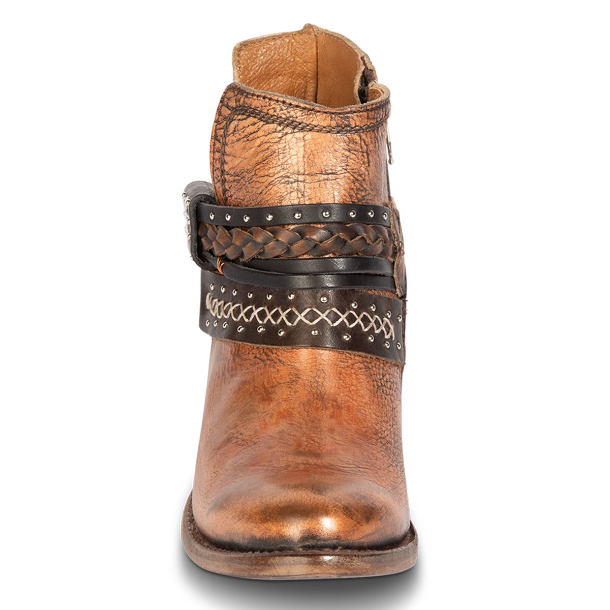 Front view showing embellished decorative belts on FREEBIRD women's Sabelle bronze bootie