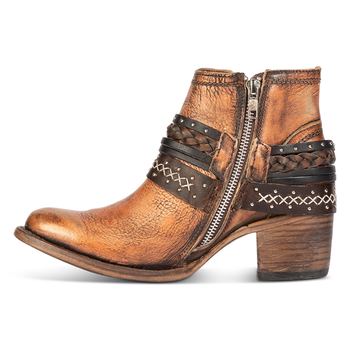 Inside view showing working brass zip closure and embellished decorative belts on FREEBIRD women's Sabelle bronze bootie